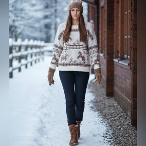 Women’s MEDIUM Relaxed western Cowgirl Cactus Horse Ivory Tan Sweater